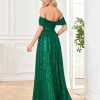 Off-shoulder Sequins Long Green Dress - Image 2
