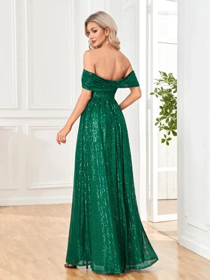 Off-shoulder Sequins Long Green Dress - Image 2
