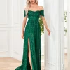 Off-shoulder Sequins Long Green Dress