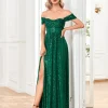 Off-shoulder Sequins Long Green Dress - Image 3