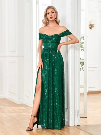 Off-shoulder Sequins Long Green Dress - Image 3