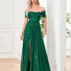 Off-shoulder Sequins Long Green Dress - Image 4