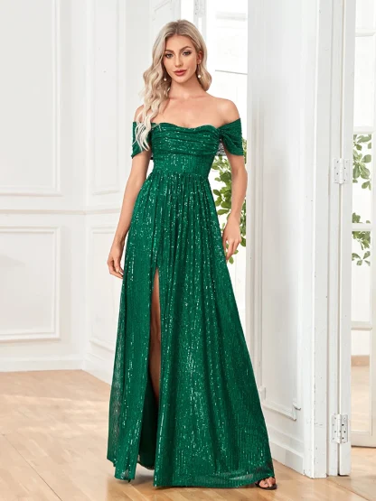 Off-shoulder Sequins Long Green Dress - Image 4