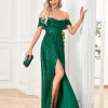 Off-shoulder Sequins Long Green Dress - Image 5