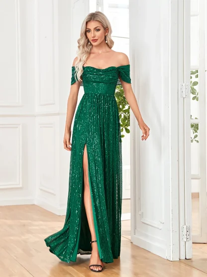 Off-shoulder Sequins Long Green Dress