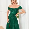 Off-shoulder Sequins Long Green Dress - Image 6