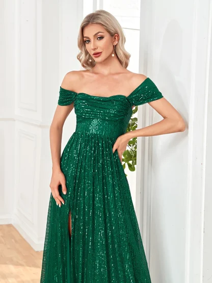 Off-shoulder Sequins Long Green Dress - Image 6