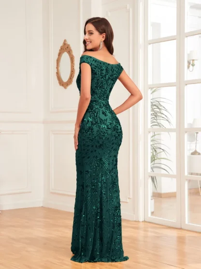 Elegant Sequins Evening Green Dress - Image 2