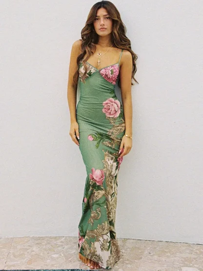 Spaghetti Strap Floral Green Dresses