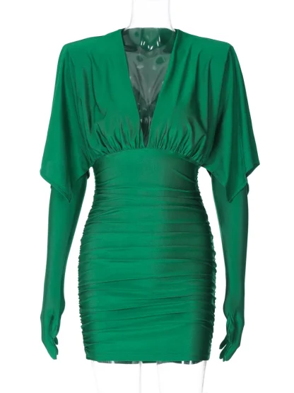 Plunge Neck Long Sleeve Green Dress - Image 6