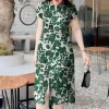 Short Sleeve Floral Green Dresses