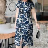 Short Sleeve Floral Green Dresses - Image 3