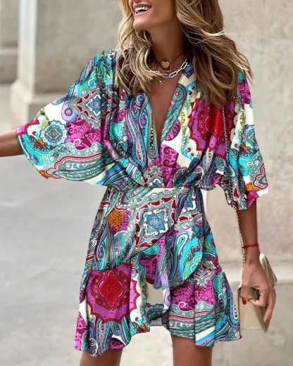 Leaf Print V-neck Green Dresses - Image 6