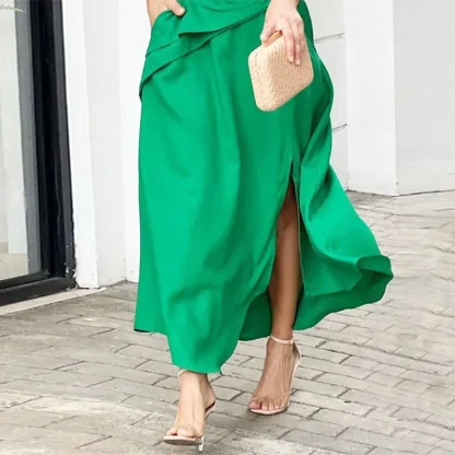 Notched Collar Long Green Dress - Image 3