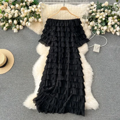 Off-shoulder Tiered Ruffle Green Dresses - Image 3