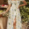 Puff Sleeve Slit Green Dresses - Image 5