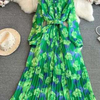 Belted Floral Pleated Green Dresses