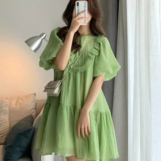 Flowy Puff Sleeve Green Dress