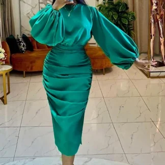 Lantern Long Sleeve Green Dress