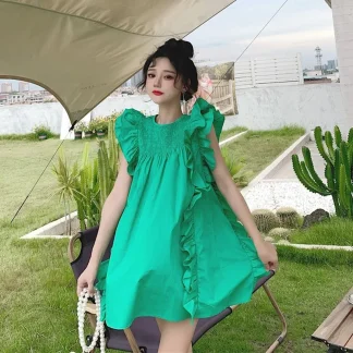 Ruffled Flying Sleeve Green Dress