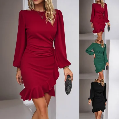Long Sleeve O-neck Green Dresses - Image 6