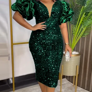 Sequins V-neck Green Dress