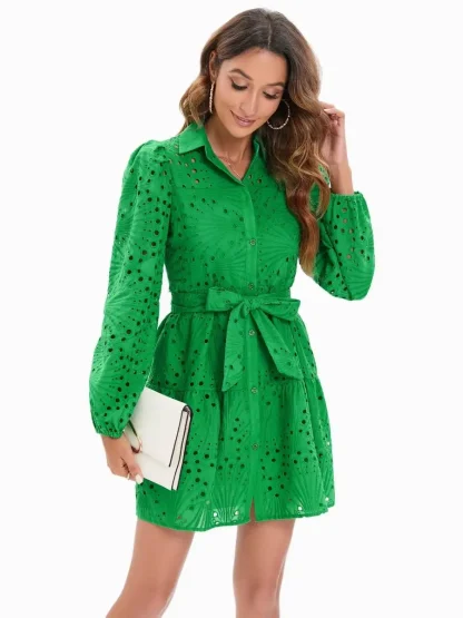 Waist Tie Eyelet Green Dress - Image 2