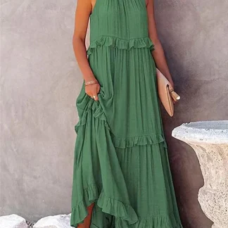 Halter Long Tiered Green Dresses